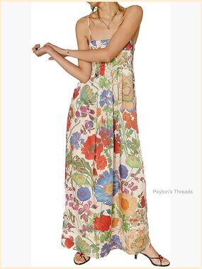 Boho Floral Maxi Dress Backless Spaghetti Strap A-Line Flowy Summer Long Dress